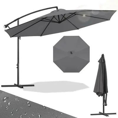Immagine prodotto di Ombrellone Izrielar 3,5 m grigio Ombrellone da giardino con manovella, protezione solare UV 50+, inclinabile e resistente al vento, incl. base a croce, grande ombrellone da terrazza Ø 3,5 m