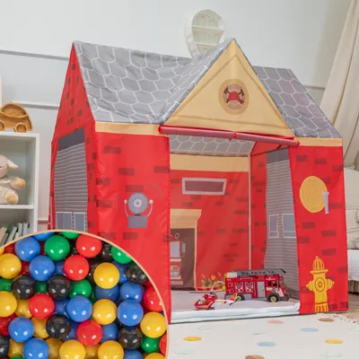 Produktbild von Selonis Spielhaus Spielzelt Feuerwehrhaus Mit 300 Bälle Faltbares Für Kinder Realistisches Design Langlebige Und Sichere Leicht Zu Montieren Drinnen Und Draußen, Rot-Grau:Schwarz/Gelb/Blau/Rot/Grün