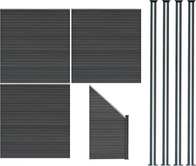 Produktbild von WPC Steckzaun x3, Eckstück x1 & LED Zaunpfosten x4, 1,85m Grau Gartenzaun