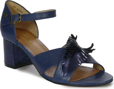 Produktbild von Damensandalen aus natürlichem Narbenleder in Marineblau mit offenen Zehen und 6 cm Absatz