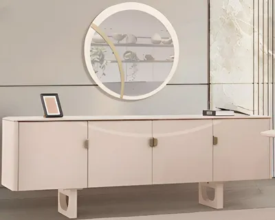Immagine prodotto di Modernes Beiges Esszimmer-Set – Holzsideboard, Rundspiegel & Esszimmermöbel
