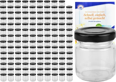 Zdjęcie produktu dla zestaw 200 minibutelek 53 ml To43 czarna pokrywka Kieliszki do degustacji Słoiki na porcje z książeczką z przepisami