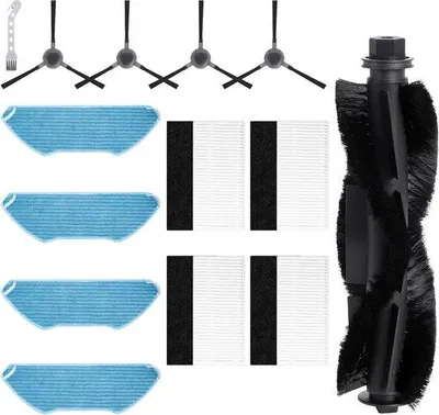 Produktbild von Robotstofzuiger-Accessoires: Hauptborstel, Filter, Schwabenscheibe, Seitenborstel.