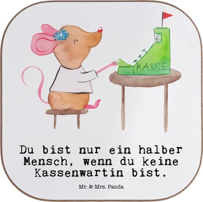 Produktbild von Mr. & Mrs. Panda Holzuntersetzer Kassenwartin Herz - Weiß - Geschenk, Untersetzer Glas, Witzig, Lustig, gläseruntersetzer, Spruch, Tassenuntersetzer, Verein, für Gläser