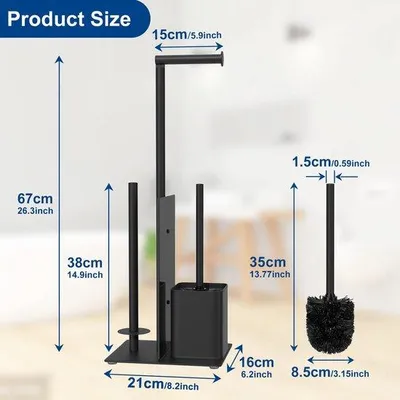 Immagine prodotto di Portarotolo da pavimento Benzoa® con spazzolino per WC – acciaio inossidabile, finitura nero opaco, con ripiano in vetro, set da bagno compatto