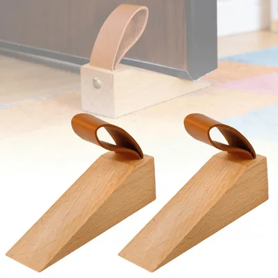 Image de Butées de porte en hêtre, lot de 2, avec base antidérapante en silicone, 112 mm x 35 mm, avec poignée en cuir, pour des espaces de porte de 5 à 30 mm