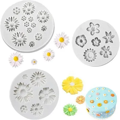 Obrázek produktu pro Silikonové formy na pečení, motiv květiny, 3D, margerítky, vhodné pro fondant, čokoládu a dekorace, sada 3 kusů