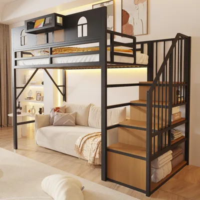 Produktbild von Merax Etagenbett Hochbett 90x200cm mit Stauraumleiter und Ablagefach, Metallbett mit LED-Lichtleiste,Kinderbett mit Sicherheitsgitter, Schwarz