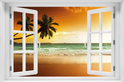Produktbild von Wallario selbstklebendes Poster mit Fenster-Illusion - Palmen am Sandstrand bei untergehender Sonne, Größe: 61 x 91,50 cm