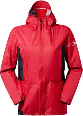 Rote Hardshelljacke für Damen von Berghaus; Modell Mtnguide Hyperalphashelljacket; mit Kapuze und Reißverschluss.