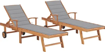 Produktbild von Sonnenliegen 2 Stk. mit Auflagen Grau Massivholz Teak