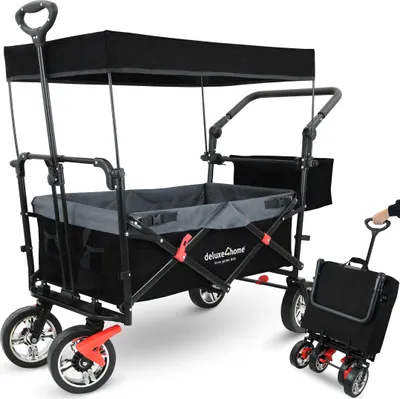 Produktbild von deluxe4home® Bollerwagen mit Dach Faltbar Schwarz I Handwagen Transportwagen bis 80 kg I Breite Reifen Trolley Bremsen I Robuster Strandbuggy