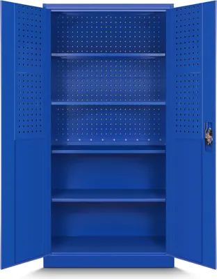 An open blue metal cabinet with shelves.