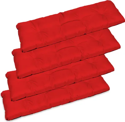 Four red seat cushions stacked on a white background.