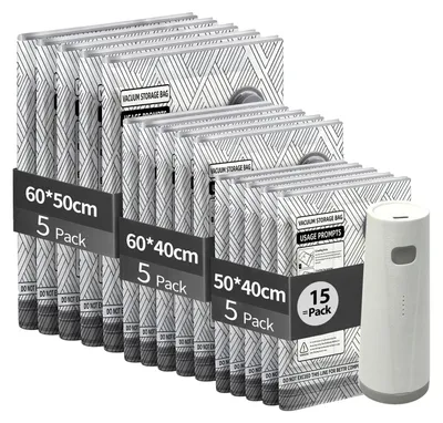 Vakuumbeutel 15-tlg. mit Pumpe, 5×S/5×M/5×L, 50×40–60×50 cm