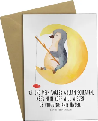 Produktbild von Mr. & Mrs. Panda Grußkarte Pinguin Mond - Weiß - Geschenk, Süßigkeiten, hochzeitskarten, Neugierig, babykarte, schlafen, dankeskarten, einladungskarten, osterkarten