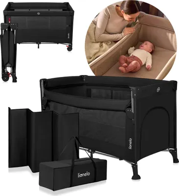 A collage of images showing a black travel crib, its components, and a mother interacting with a baby inside a crib.