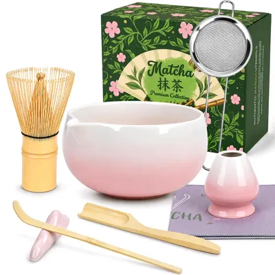 7-teiliges Matcha-Set, rosa, Keramik & Bambus
