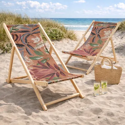 Produktbild von HAGO24 Strandliege Tropical 5er Set Sonnenliege Gartenliege Liegestuhl Klappstuhl Holz Kiefernholz Polyester 3fach verstellbar faltbar Balkon Terrasse 120kg