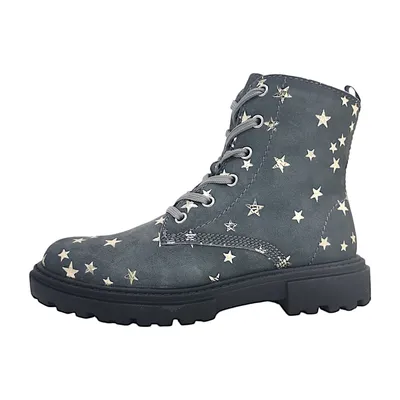 A single gray boot with gold stars printed on it, shown against a white background.