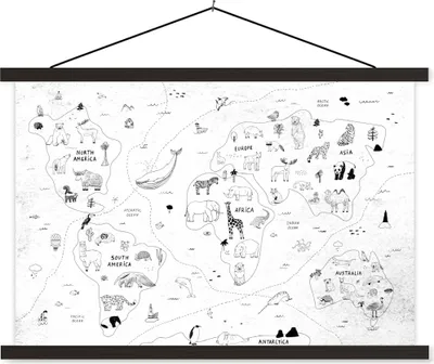 Produktbild von MuchoWow® Textilposter Weltkarte - Kinder - Weiß - Schwarz 120x80 cm mit schwarzem Rahmen - Wanddeko