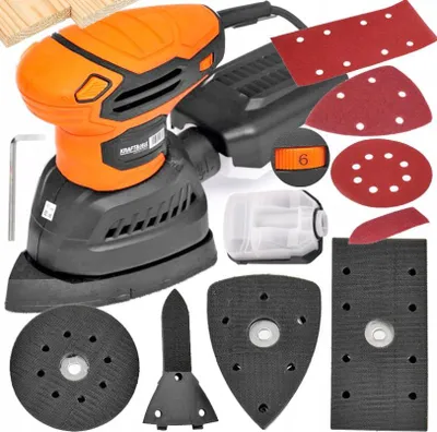 A collection of sanding accessories and a sander are displayed against a white background.