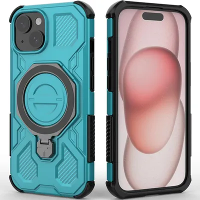 Produktbild von Robuste Handyhülle für iPhone 15 Plus mit Ringhalter Ständer Stoßfest, Magnetisch, Dual-Layer Schutz Türkis