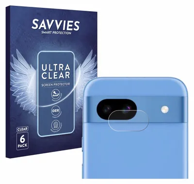 A product packaging box and a close-up of a phone's camera lens with a screen protector applied.