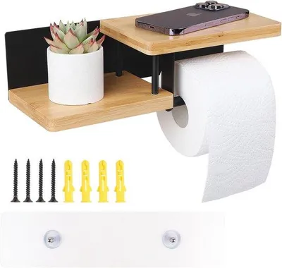 Produktbild von Famanu Toilettenpapierhalter mit Bambusablage - Wandmontage oder selbstklebend, schwarz