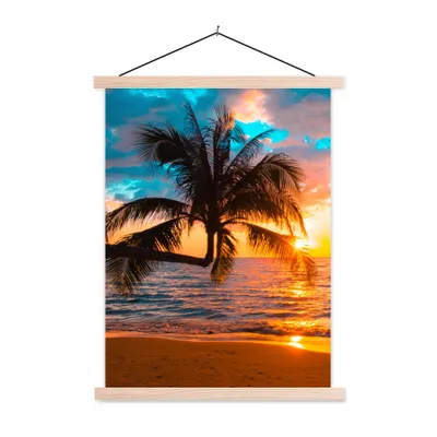 Produktbild von MuchoWow® Textilposter Palme - Sonnenuntergang - Horizont - Strand - Meer - Tropisch 120x160 cm mit holzfarbenen Rahmen - Plakatkarton