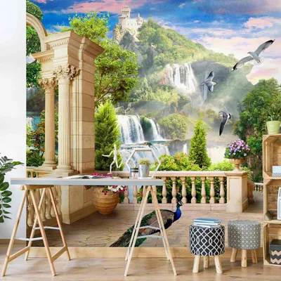 Produktbild von Fototapete Natur - Vliestapete - Bildtapete UV-beständig Wasserfall bunt 3D-Effekt Motiv Wandtapete geruchsfrei