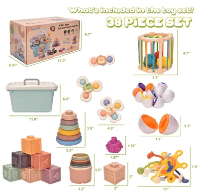 Obrázok produktu pre Montessori hračka 1 rok, 7-v-1 detská hračka, skladacia hračka, silikónová šnúrka, pre bábätko