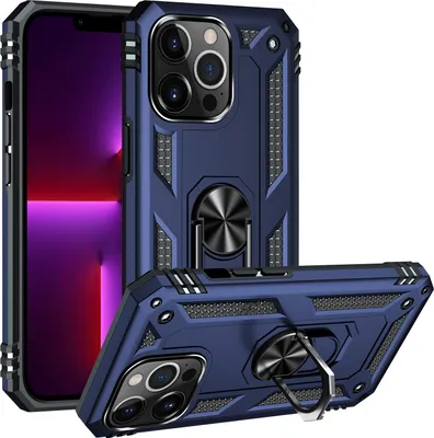 A blue iPhone 13 Pro case with a ring holder is shown from two angles against a white background.