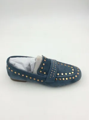 Produktbild von Flacher Slipper aus blauem Velourleder mit Lederfutter, Weite F, Größe 37