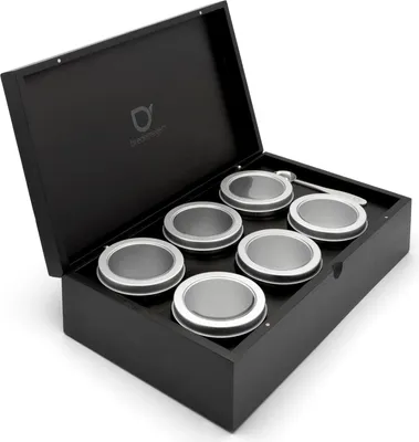 Produktbild von Holz-Teedosen mit 6 Blechbechern für lose Tee und Maßlöffel - 35,5 x 20,8 cm