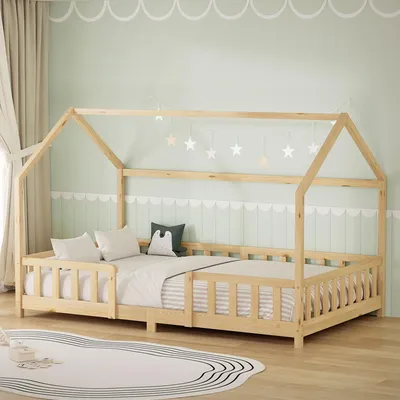 Obrázek produktu pro Dětská postel ML-Design 120 x 200 cm s ochrannou zábranou proti vypadnutí, stříškou a roštem, přírodní Montessori postel na podlaze z masivního borovicového dřeva, postel ve tvaru domečku pro holčičky a kluky