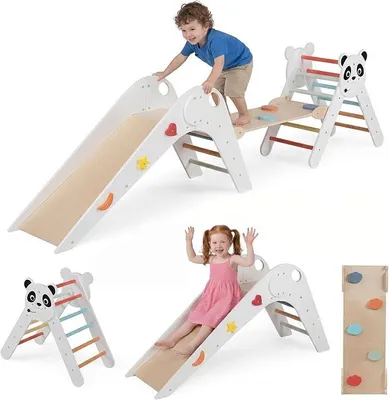 Imagen del producto de Conjunto Montessori de escalada, estructura de escalada interior con tobogán, rampa y escalera, juguete de madera para niños a partir de 3 años, estructura triangular plegable para habitación infantil (multicolor)