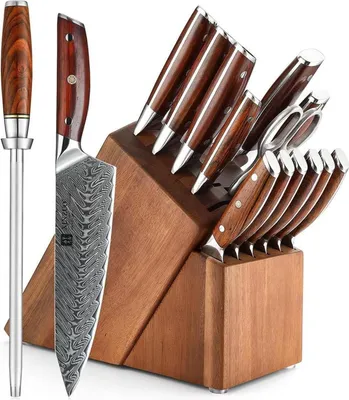Produktbild von XINZUO 15er Damaststahl Küchenmesser Set mit Akazienholzblock
