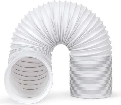 A white flexible hose bent into a U-shape against a white background.