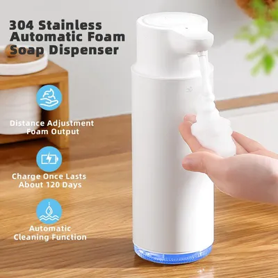 Produktbild von Edelstahl-Seifenspender, automatisch, 320 ml, berührungslos, wiederaufladbar, Schaum-Handdesinfektionsmittelspender, IPX5, wasserdicht, für Küche und