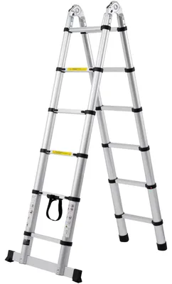 Obrázok produktu pre SucceBuy, teleskopická rebrík, 1,85-3,79 m, hliníková, A-tvar, výsuvná, ľahká, skladacia, s viacerými nastaveniami výšky, nosnosť 170 kg, s stabilizačnou tyčou, všestranné použitie, vhodná pre obytné prívesy a karavany
