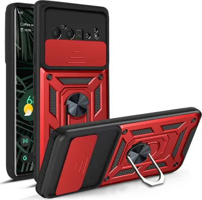 Produktbild von Google Pixel 6 Pro Hülle mit 360° Drehbarer Magnetische Ring Ständer Halter Dia Kameraschutz TPU Bumper Silikon Schutzhülle für Google Pixel 6 Pro Rot