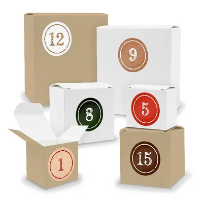 Produktbild von Adventskalender zum Füllen 24x Quader Würfel gemischt WEISS / BRAUN + Sticker (V03 Z02)