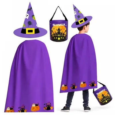 Halloween-Kostümset: Umhang, Hut & Kürbistasche, 3-teilig