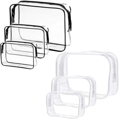Produktbild von Ibenzoa® 6er-Set transparente, wasserdichte Kosmetiktaschen aus PVC – 3 Größen (15×10×7, 18×12×6, 25×18×6 cm), schwarz/weiß, Reise & Alltag