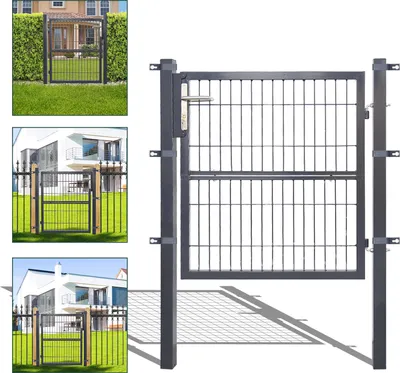 A collage of images showing garden gates and fences in different settings, with a close-up of a gate in the main panel.