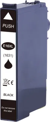 A black ink cartridge with labels and symbols.