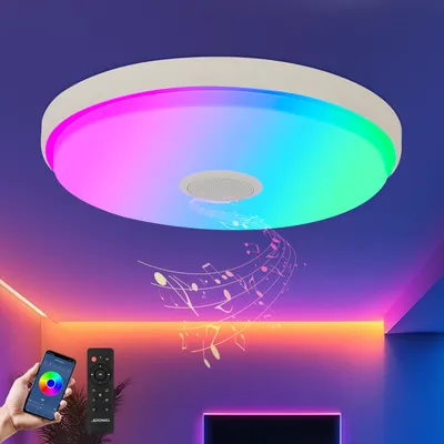 A ceiling light with integrated speaker, displaying a spectrum of colors, with a smartphone and remote control in the foreground, and musical notes emanating from the light.
