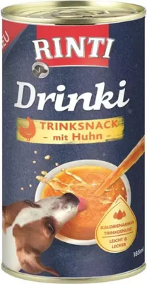 A can of Rinti Drinki dog food with a dog licking from a bowl of the food.