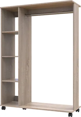 A product shot of a wardrobe organizer with shelves and a hanging rod.
